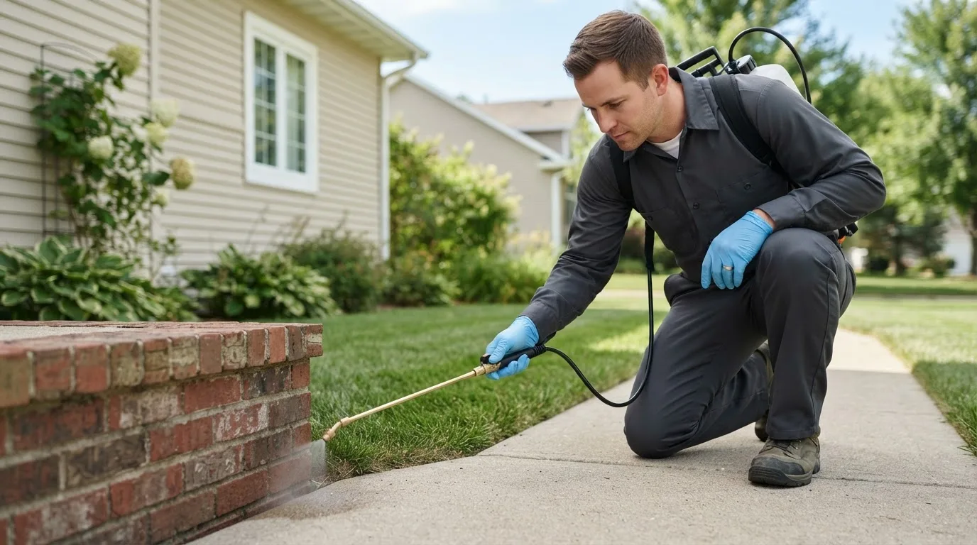 Pest control technician treating a home near Iona, MN